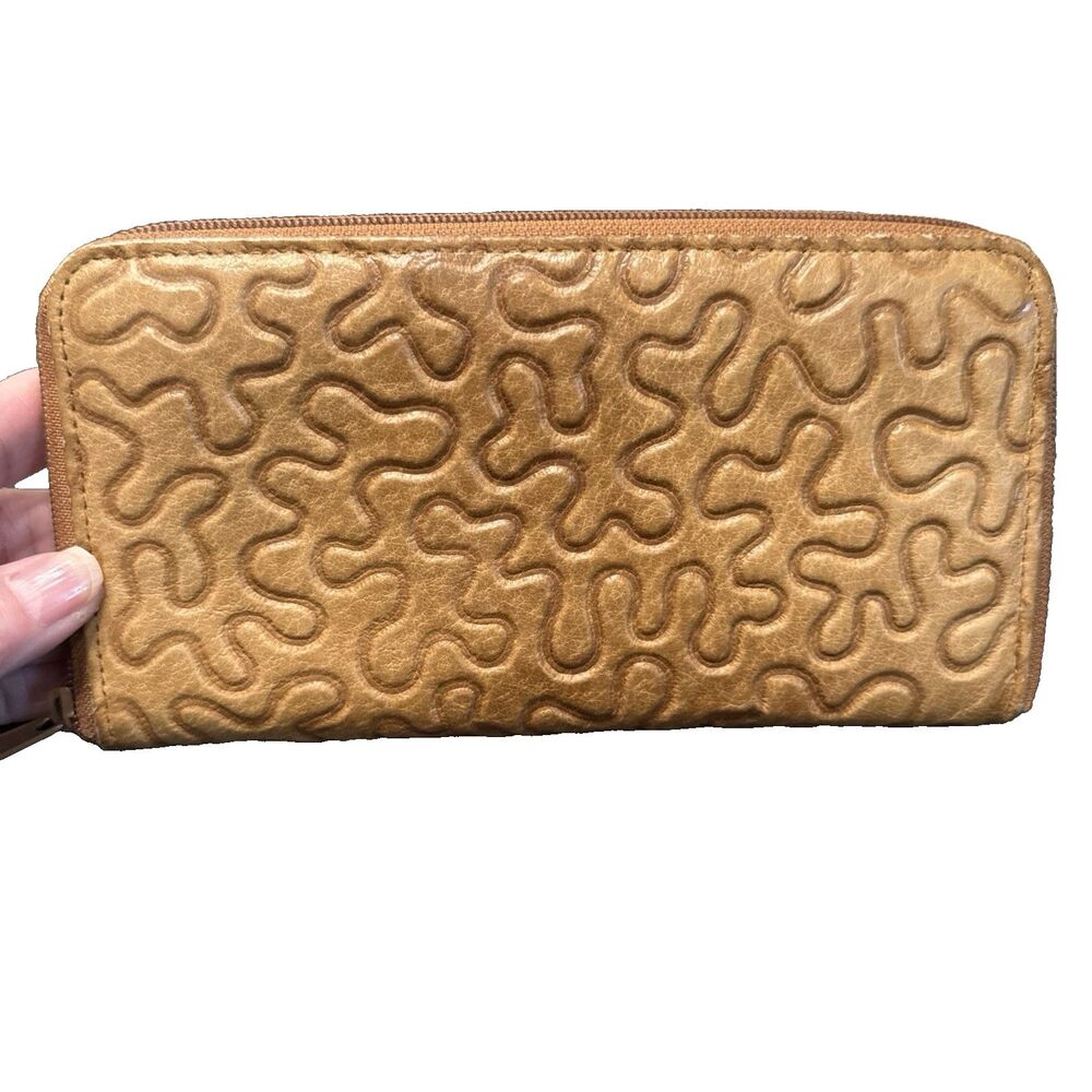 Mundi Genuine Leather Wallet Clutch Brown Tan Zipper Textured